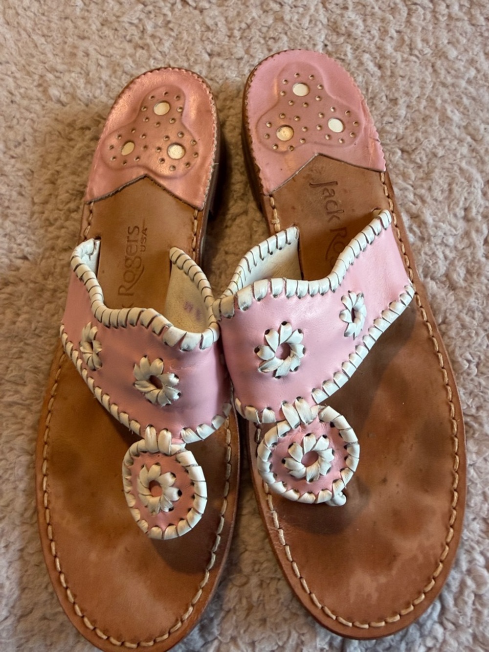 Jack Rogers Pink Leather Whipstitch Slide Sandals